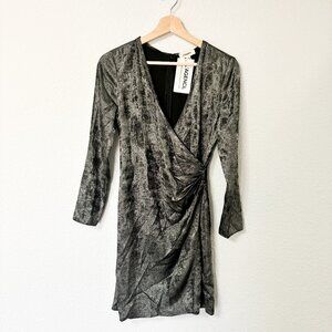 NWT L’AGENCE Metallic Foiled Satin 3/4 Sleeve Draped V-Neck Faux Wrap Mini Dress